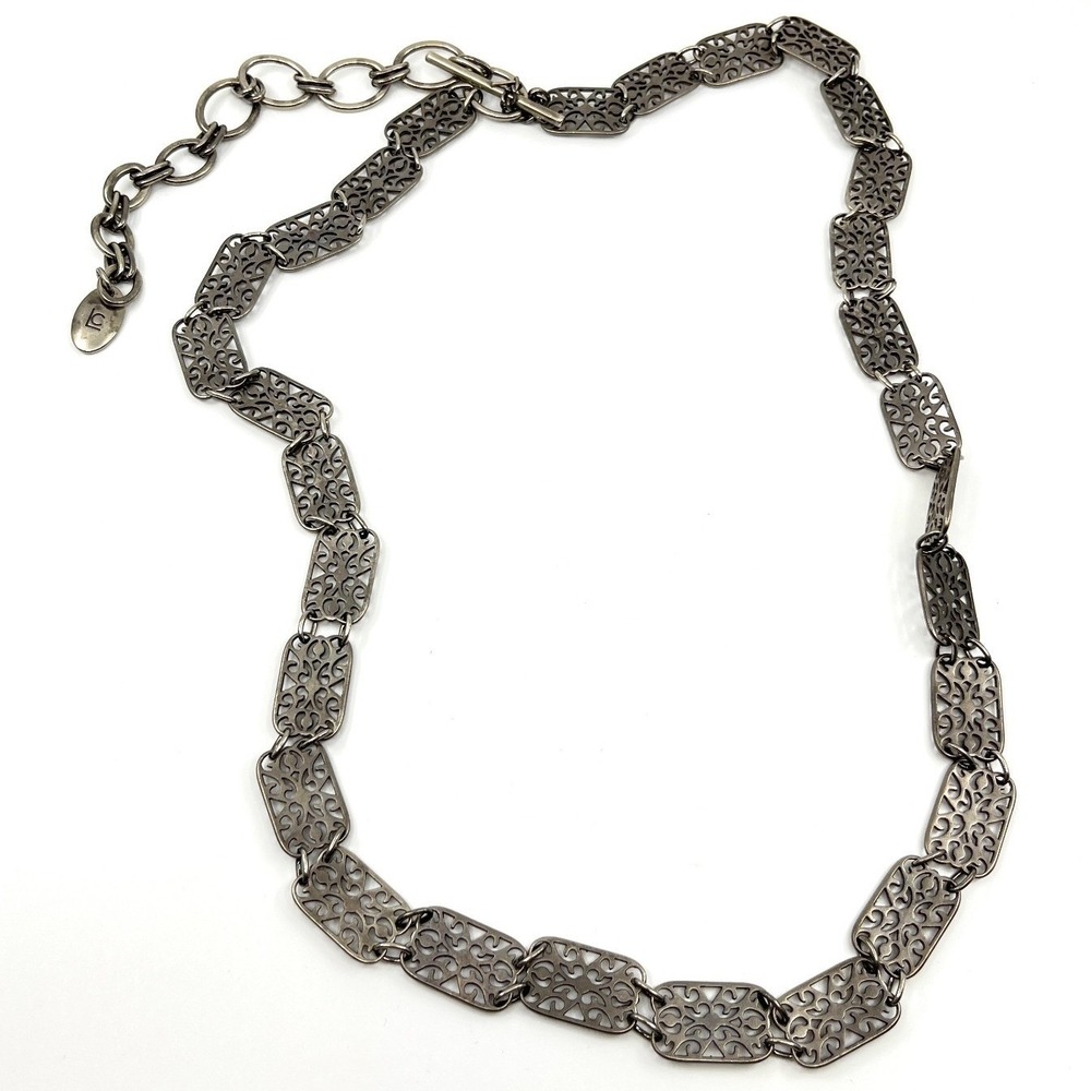 VTG‎ Liz Claiborne Gunmetal Tone Filigree Panel Statement Necklace Retro Toggle